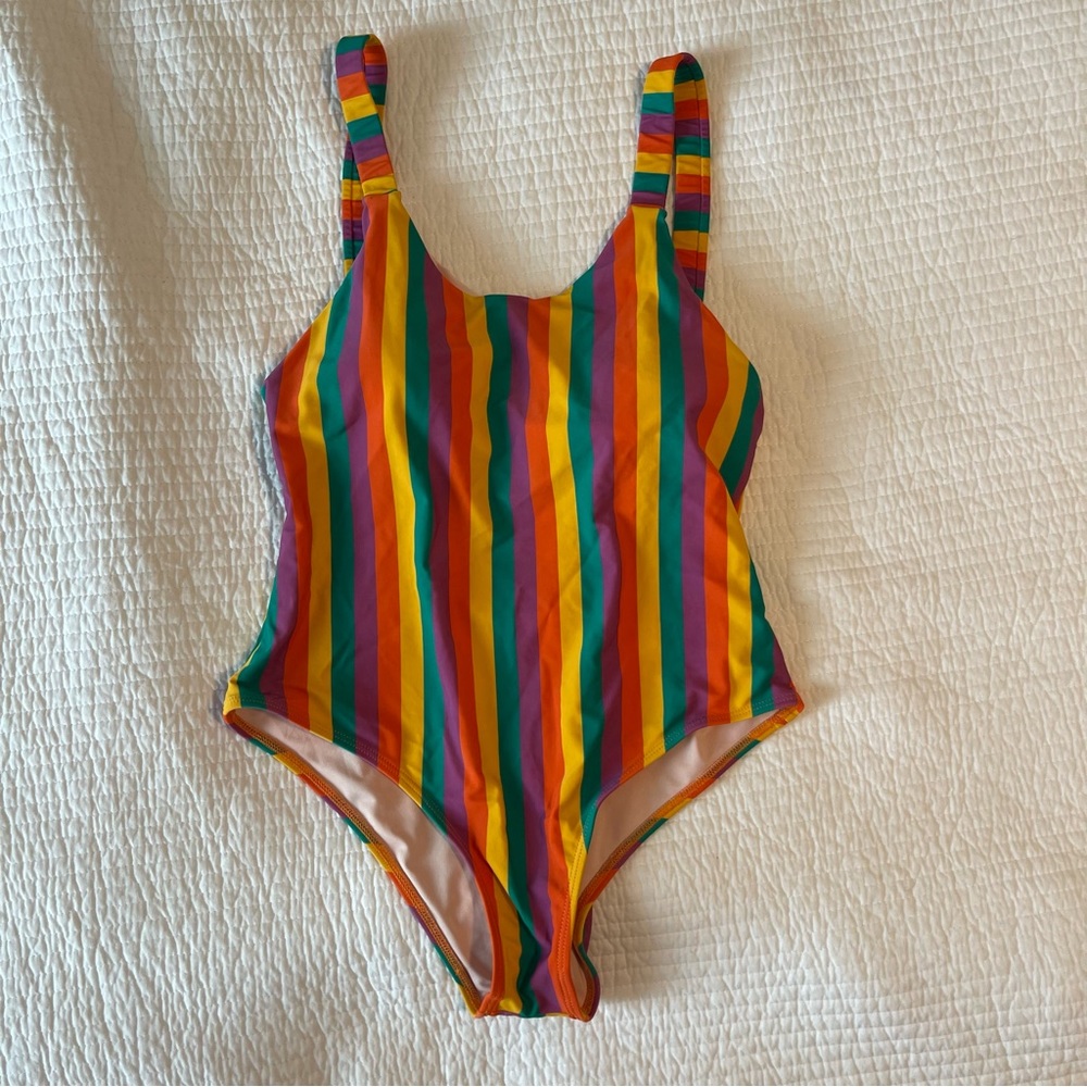 Hang ten multicolor 70s one piece bathing suit retro scrunch straps low back EUC